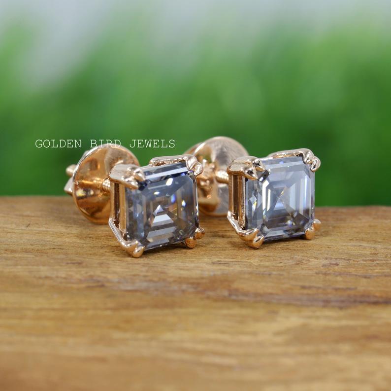 Gray Asscher Cut Moissanite Stud Earring