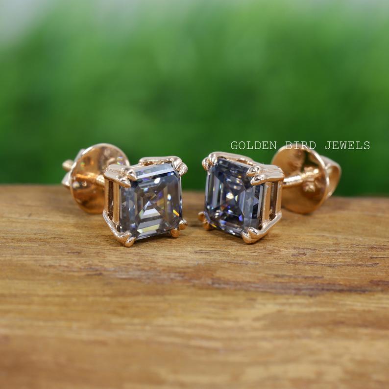 Gray Asscher Cut Moissanite Stud Earring