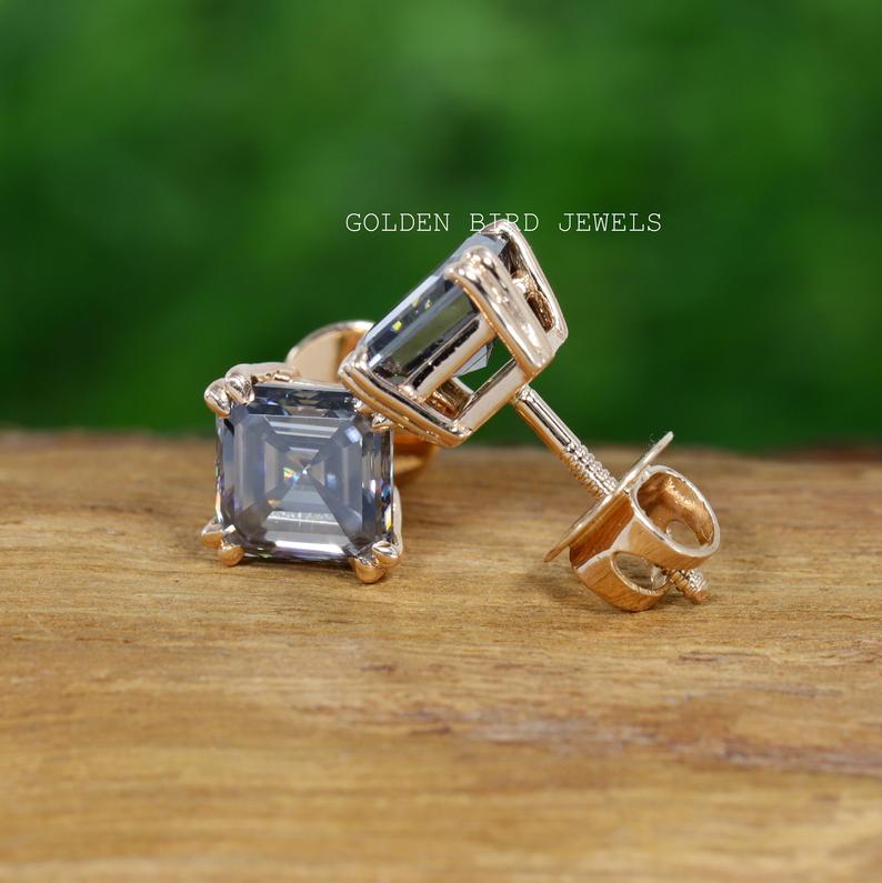 Gray Asscher Cut Moissanite Stud Earring