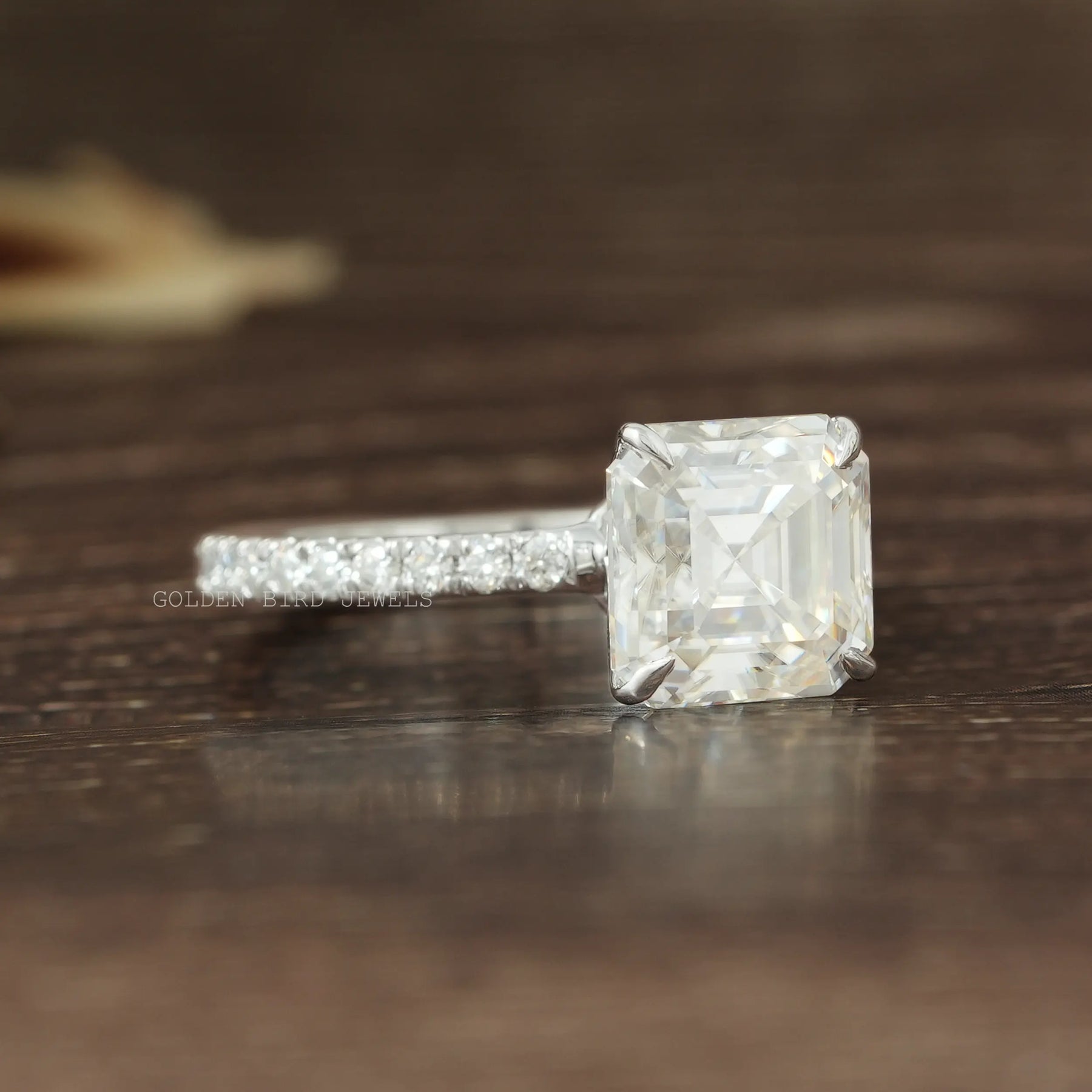 front view of 2.60 carat colorless asscher cut moissanite solitaire engagement ring crafted with 950 platinum