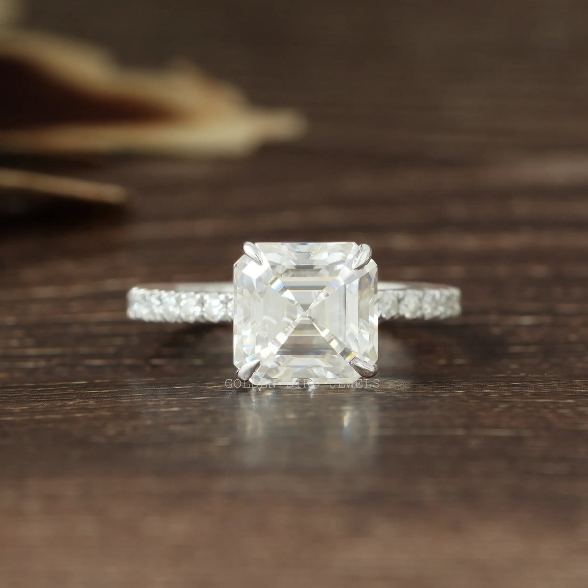 Asscher Cut Moissanite Solitaire With Side Stone Engagement Ring