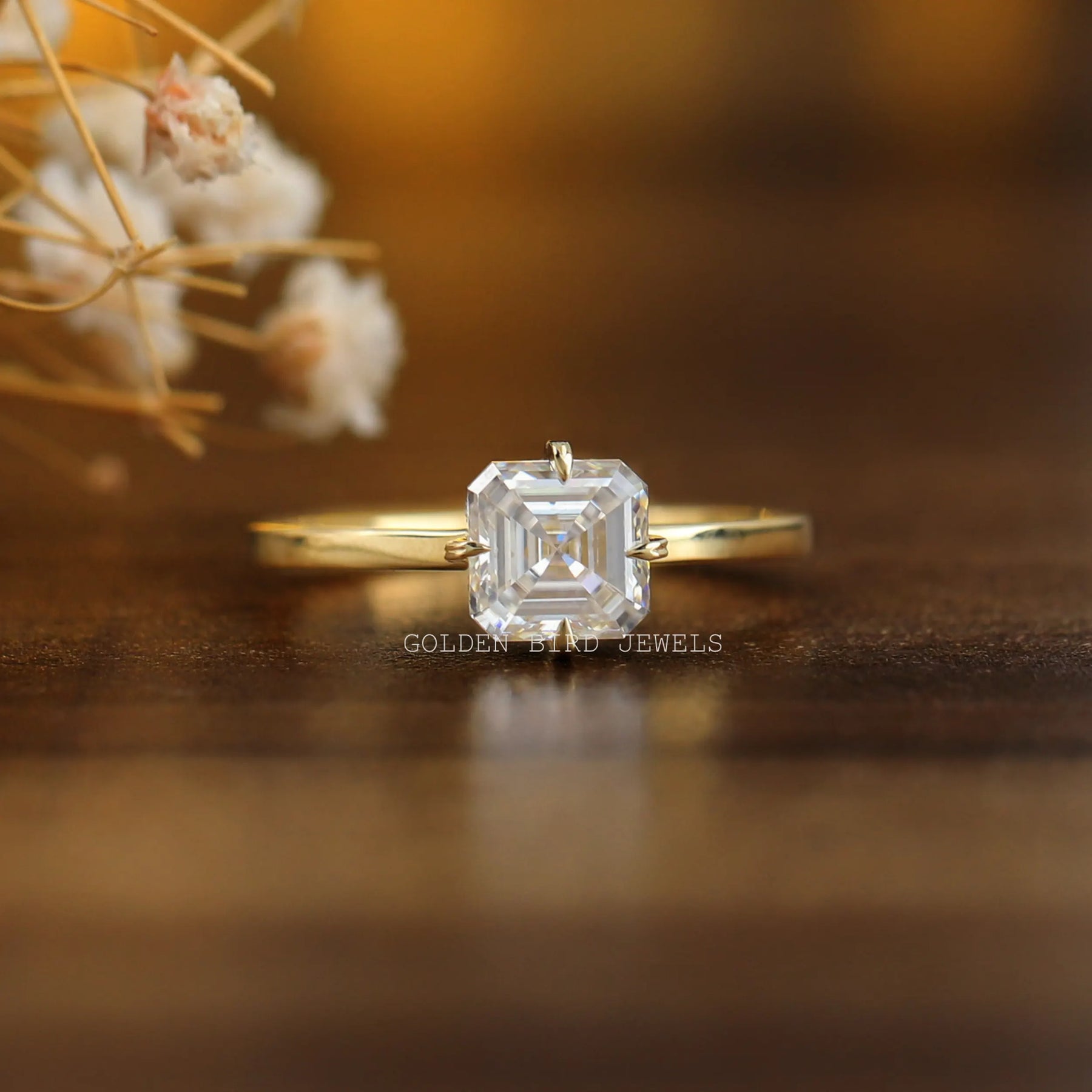 Asscher cut diamond ring yellow gold store