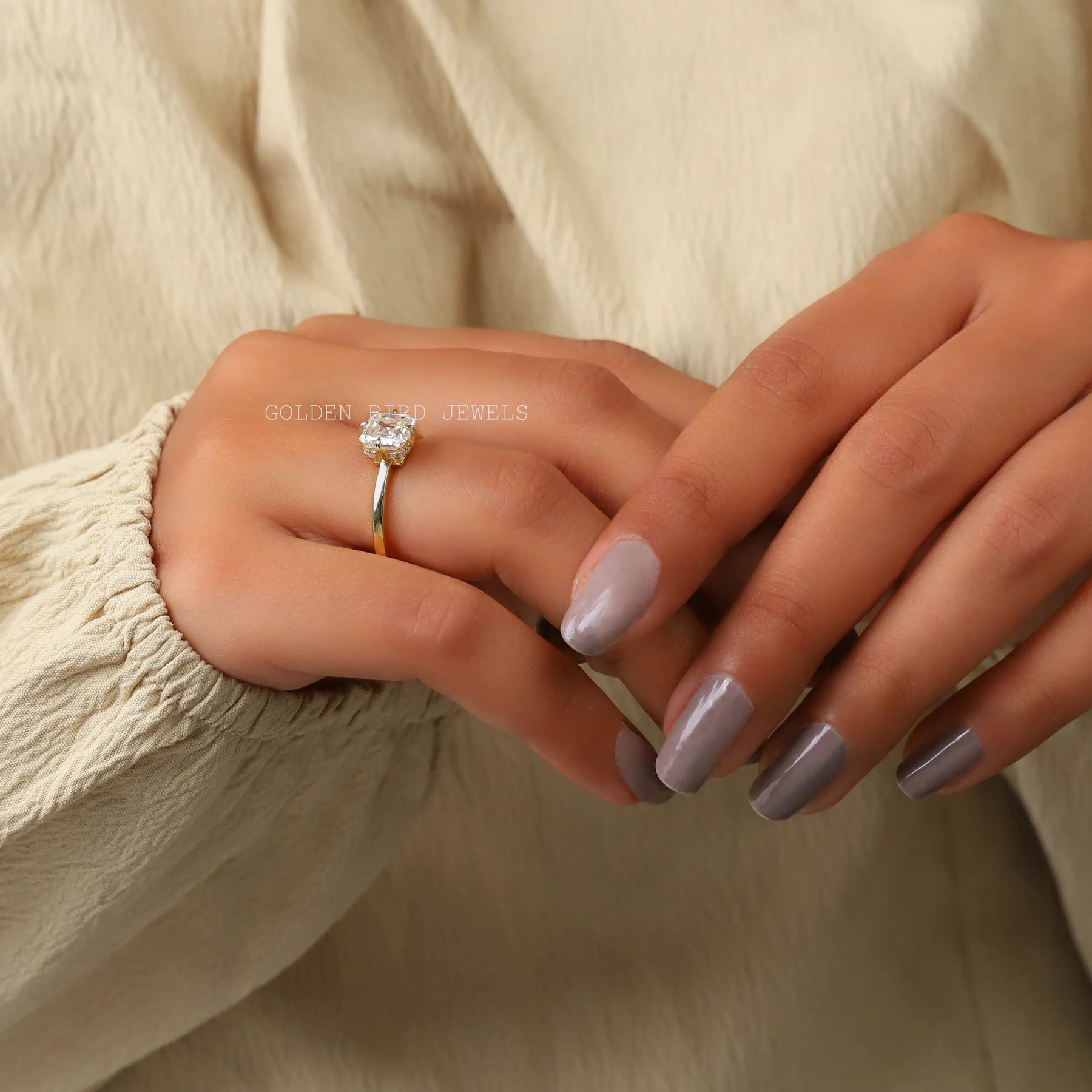 [Moissanite Engagement Ring Made Of Colorless Asscher Cut]-[Golden Bird Jewels] 
