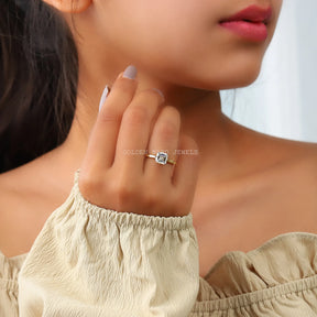 [Moissanite Asscher Cut Engagement Ring Made Of Yellow Gold]-[Golden Bird Jewels] 