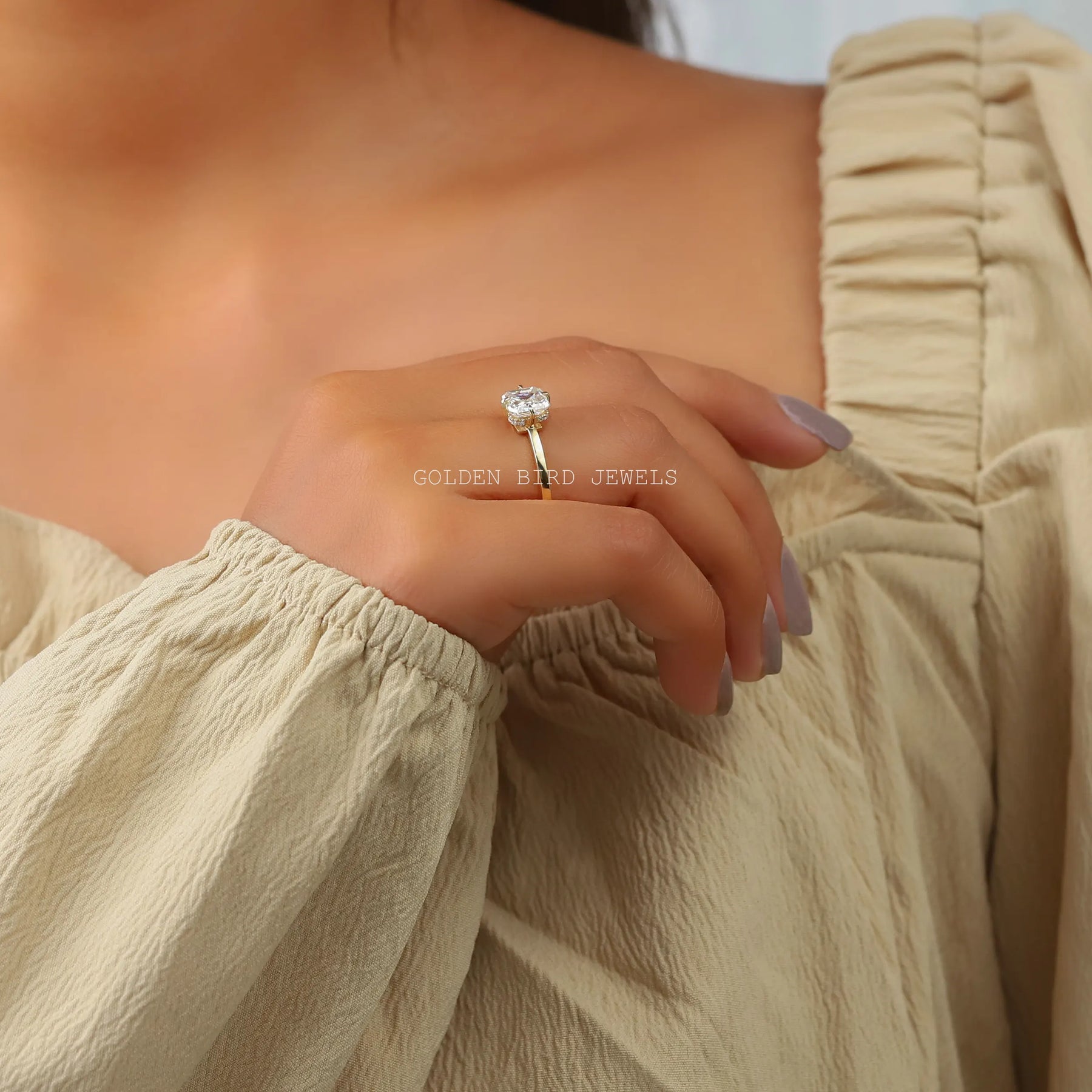 [Moissanite Asscher Cut Ring Set In Four Prongs]-[Golden Bird Jewels] 