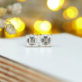 Asscher Cut Moissanite White Gold Stud Earrings