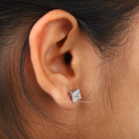 Asscher Cut Moissanite White Gold Stud Earrings