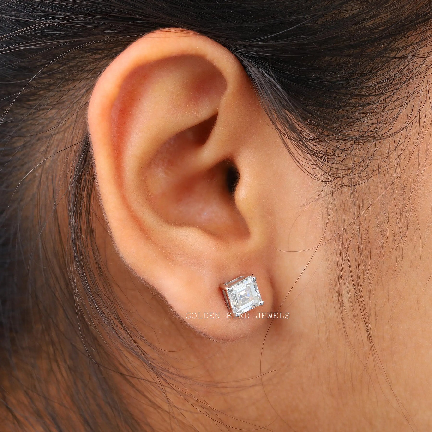 Asscher Cut Moissanite White Gold Stud Earrings