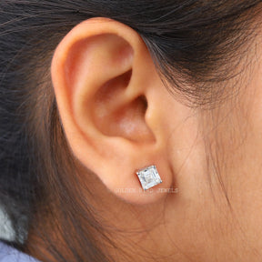 Asscher Cut Moissanite White Gold Stud Earrings