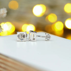 Asscher Cut Moissanite White Gold Stud Earrings