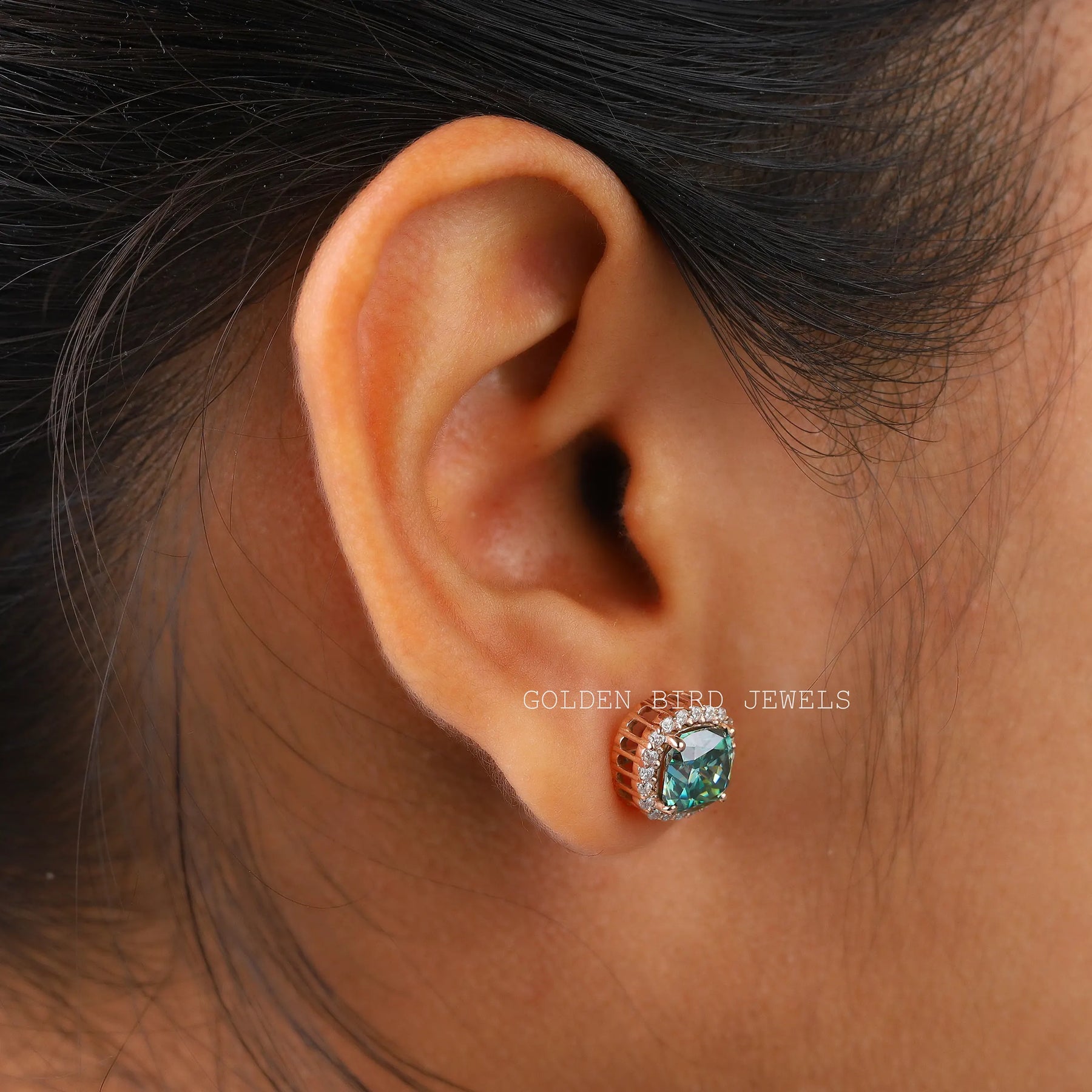 [Cushion Cut Moissanite Halo Stud Earrings]-[Golden Bird Jewels]