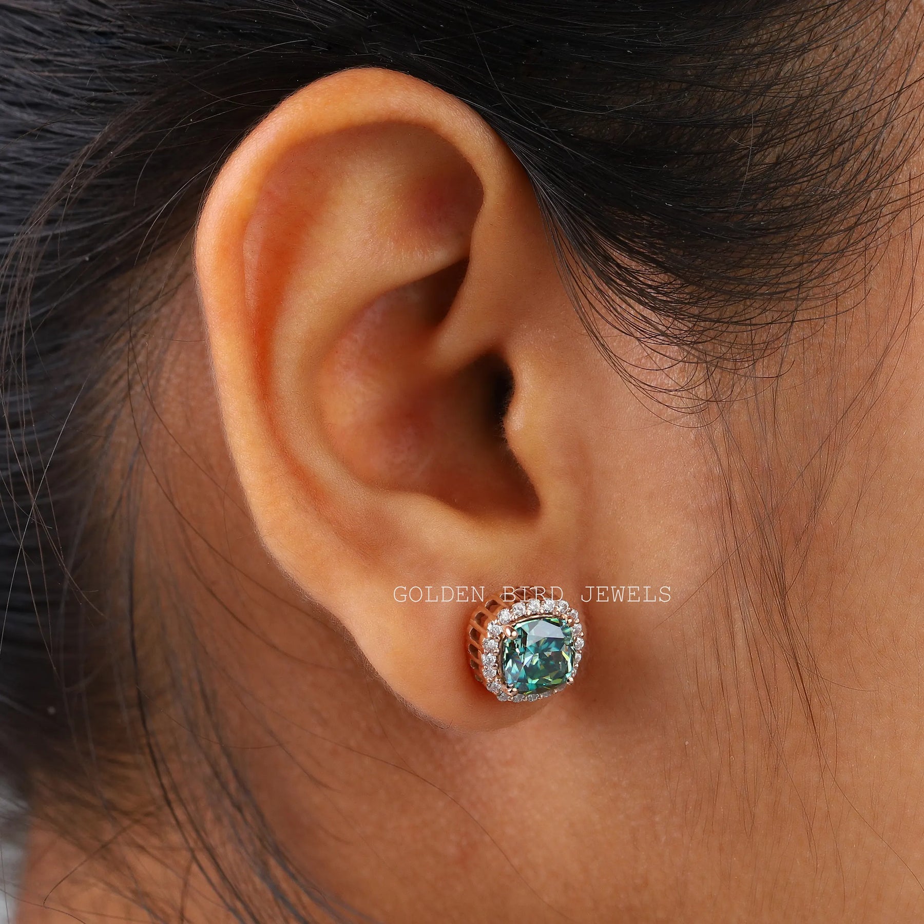 [Halo Moissanite Stud Earrings Made Of Dark Blue Cushion Cut]-[Golden Bird Jewels]