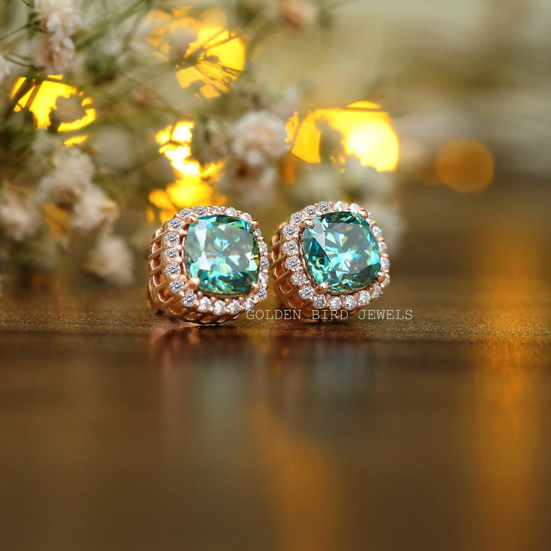 [Moissanite Cushion Cut Stud Earrings Set In Halo]-[Golden Bird Jewels]