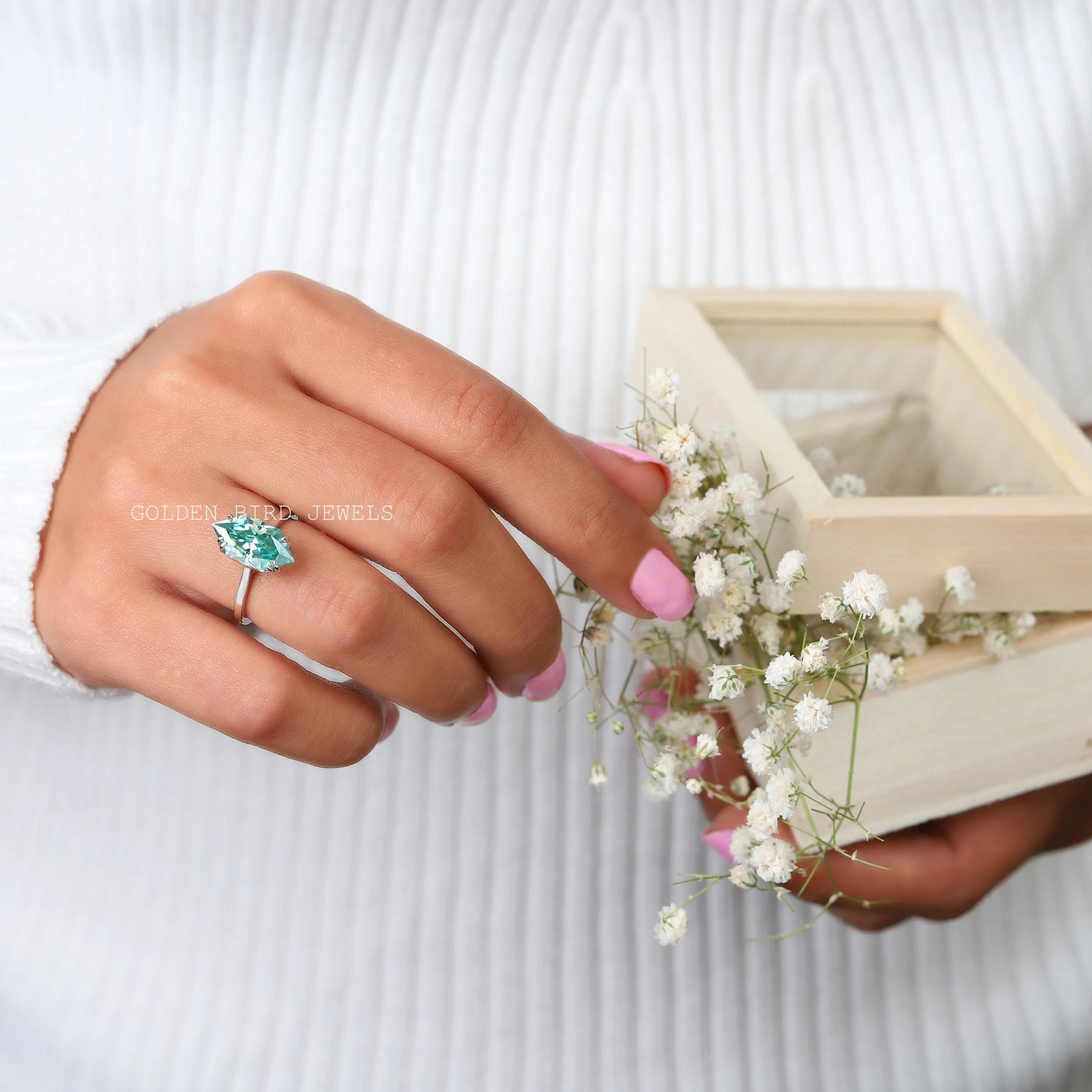 [Moissanite Dutch Blue Marquise Cut Solitaire Engagement Ring]-[Golden Bird Jewels]