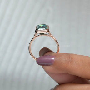 Classic Front Side View Of Blue Green Emerald Cut Bezel Moissanite Solitaire Ring For Women