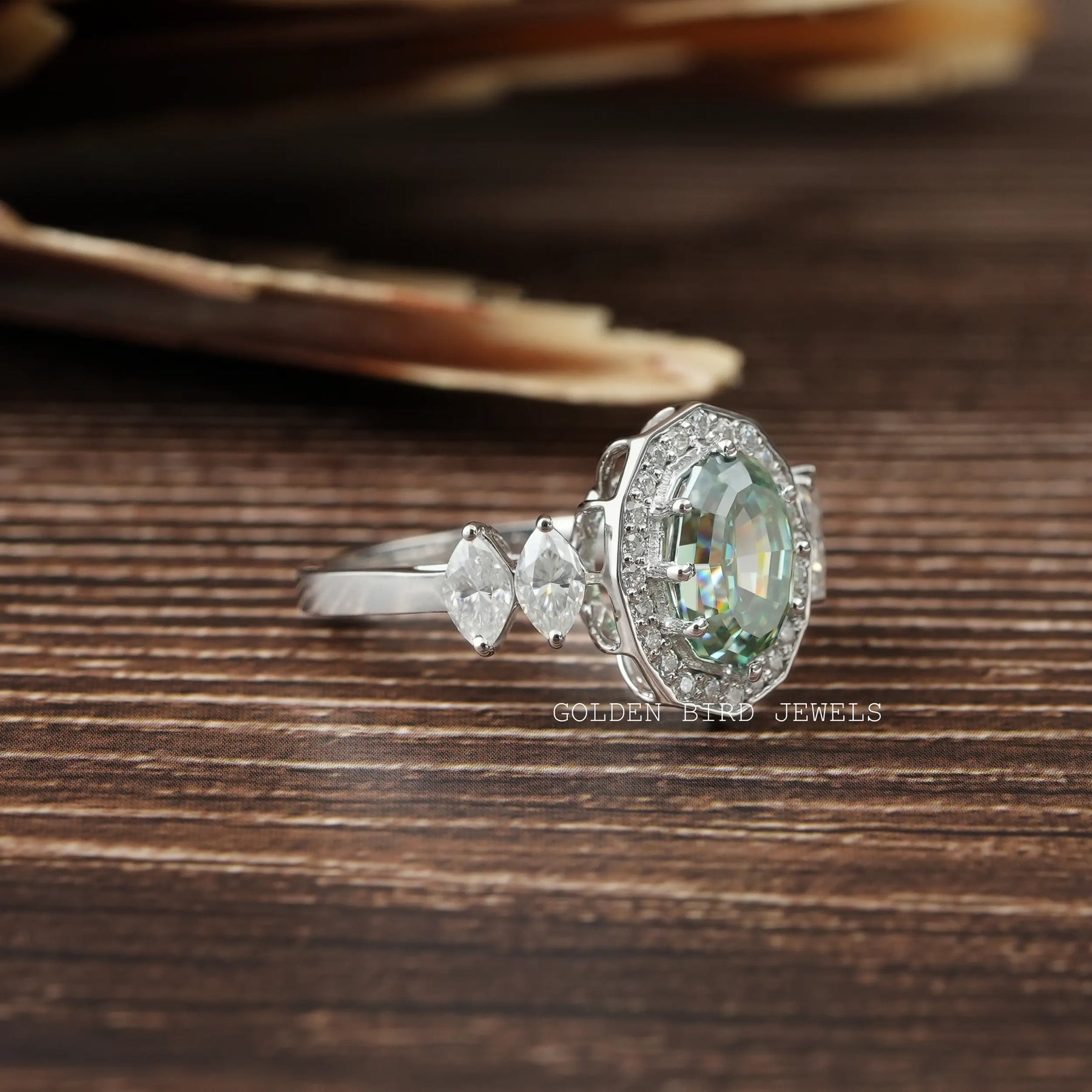[Light Blue Step Cut Oval Shape Moissanite Engagement Ring With VVS Clarity Moissanite]-[Golden Bird Jewels]
