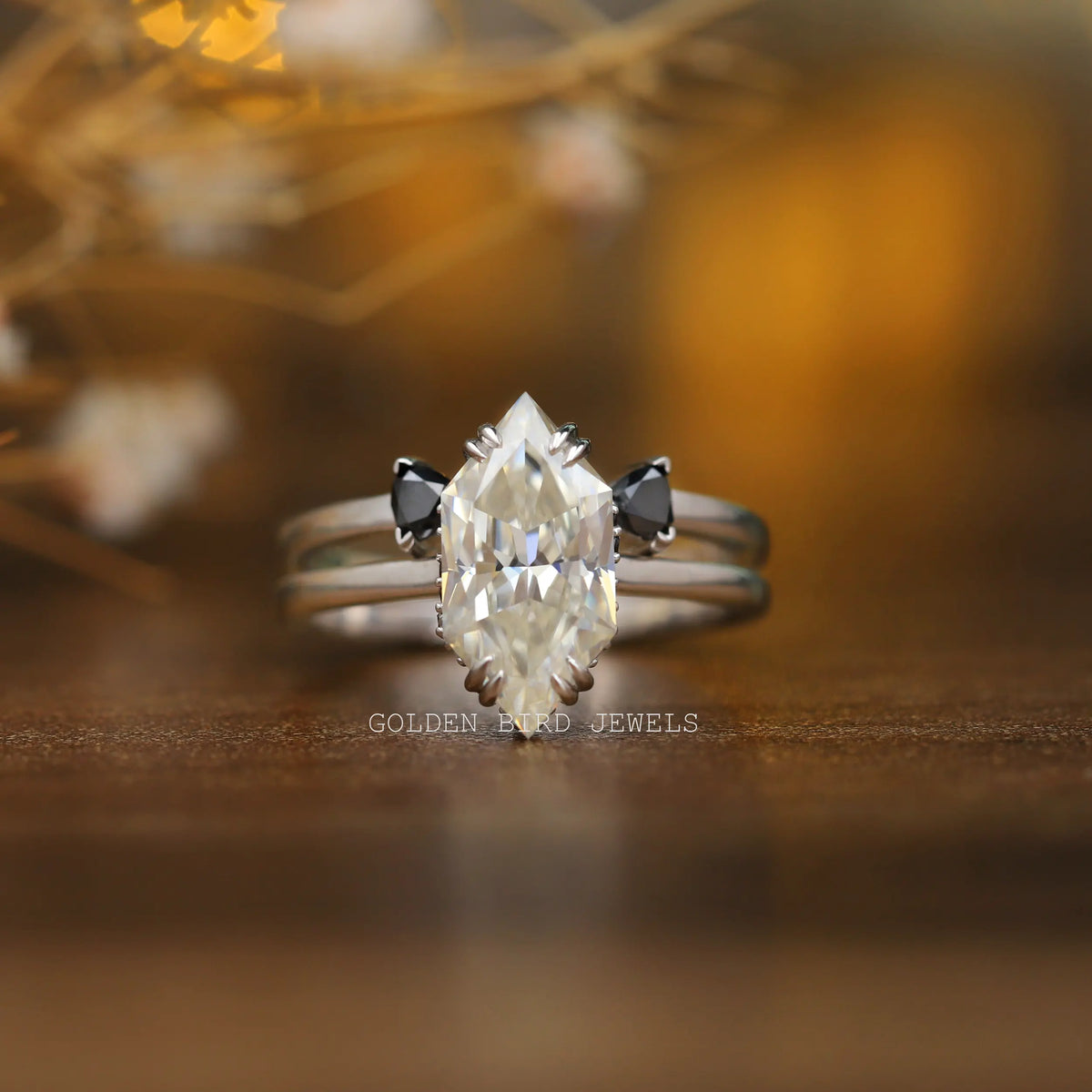 View of Dutch Marquise Hidden Halo Trillion Ring In White Gold