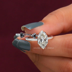 Colorless Dutch Marquise Hidden Halo Black Trillion Moissanite Ring