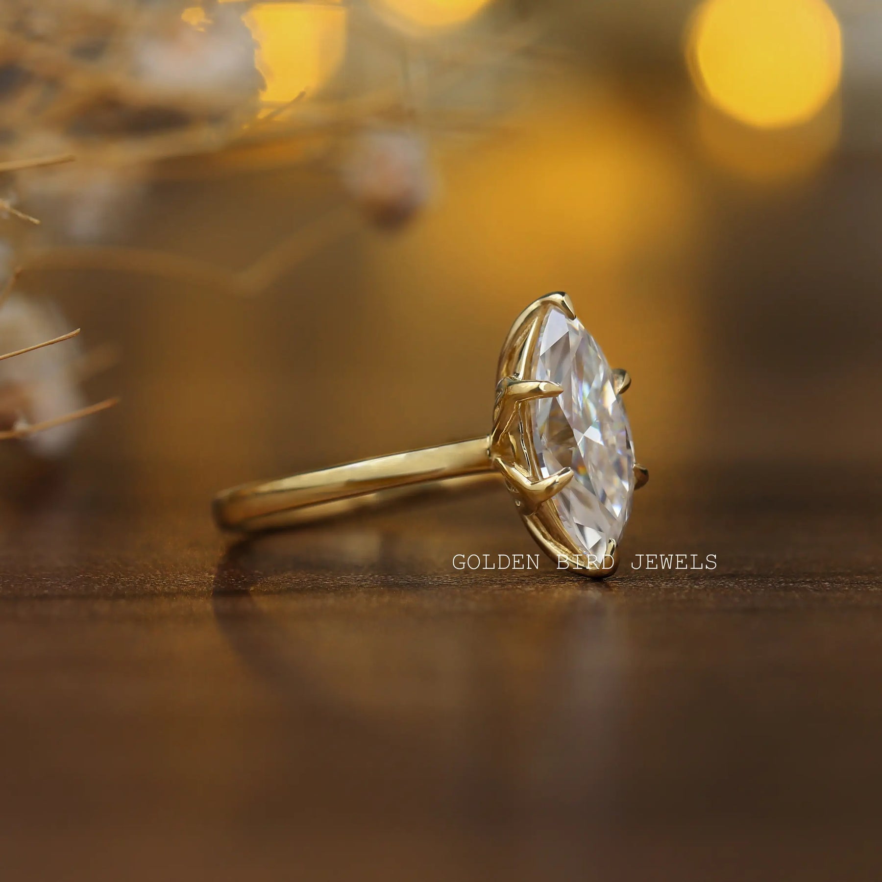 [Moissanite Marquise Cut Solitaire Engagement Ring Set In Prongs]-[Golden Bird Jewels]