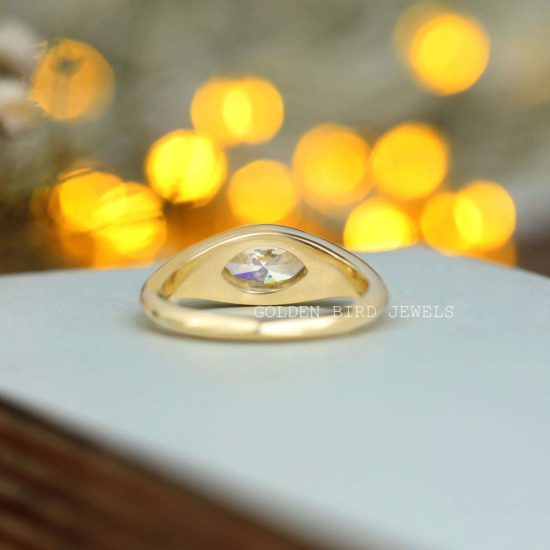 [Yellow Gold Colorless Marquise Cut Moissanite Ring]-[Golden Bird Jewels]