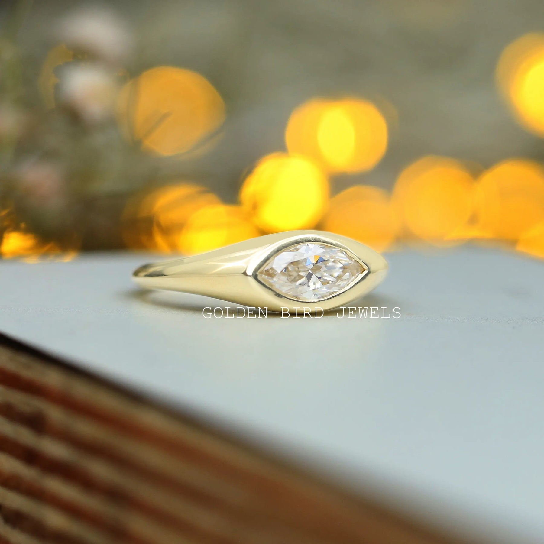 Beautiful Front Look Of Colorless Moissanite Bezel Set Engagement Ring Made In 18K Solid Gold