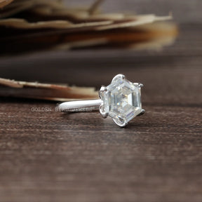 [Colorless Moissanite Hexagon Cut Solitaire Engagement Ring Set In 6 Prongs]-[Golden Bird Jewels]