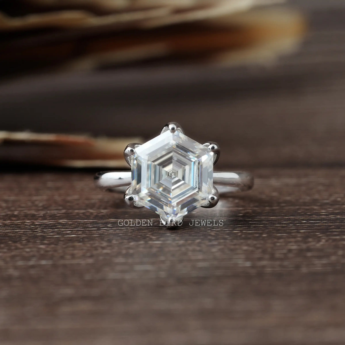 Colorless Moissanite Hexagon Cut Solitaire Engagement Ring In White Gold