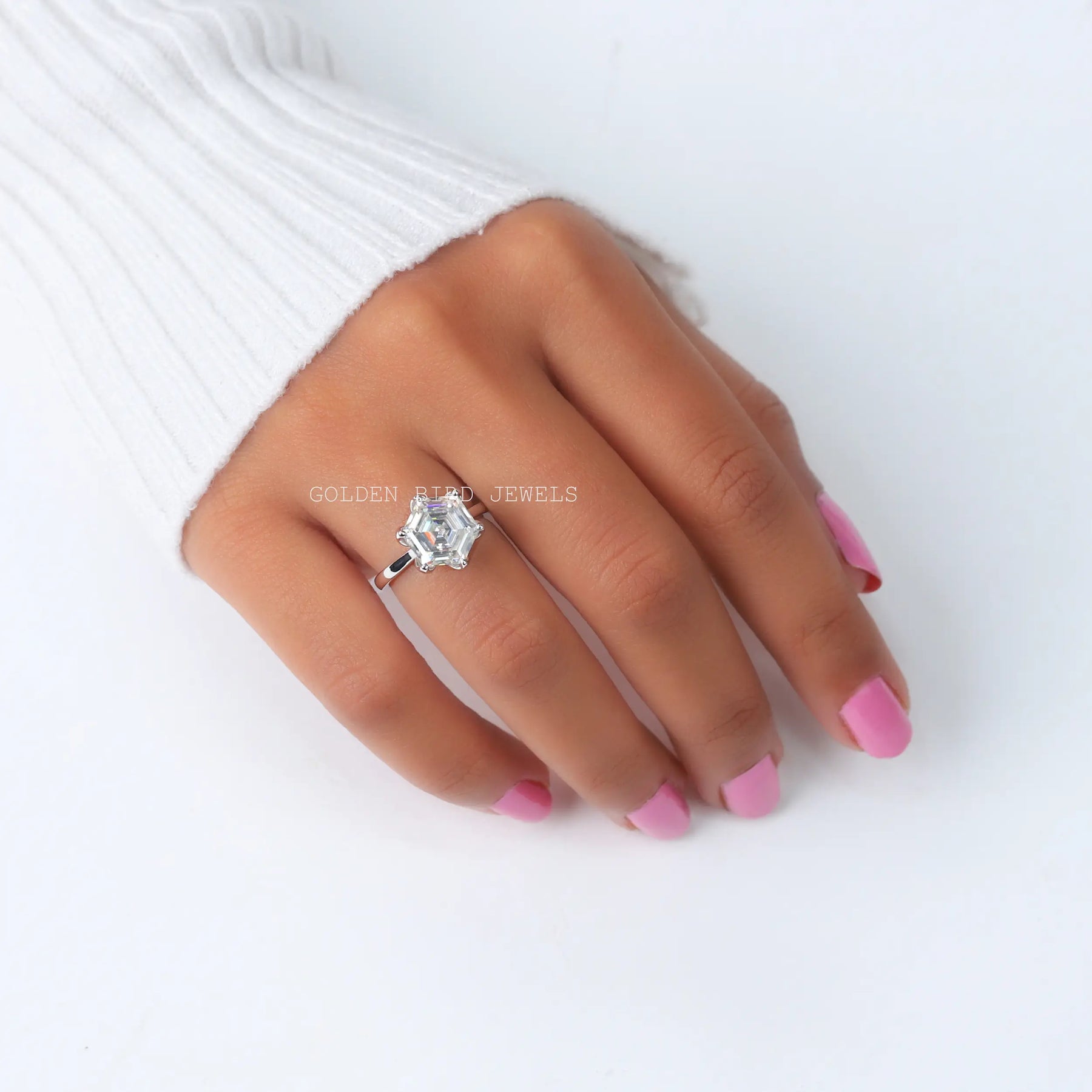 [Solitaire Moissanite Engagement Ring Made Of Hexagon Cut]-[Golden Bird Jewels]