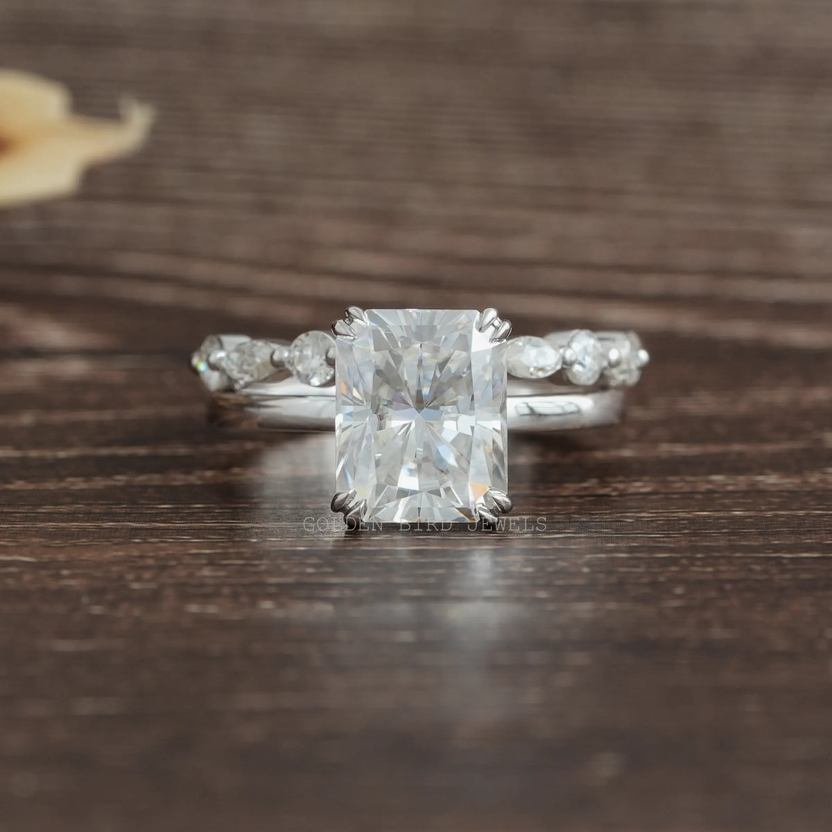 View of Radiant Cut Moissanite Half Eternity Wedding Band In White Gold