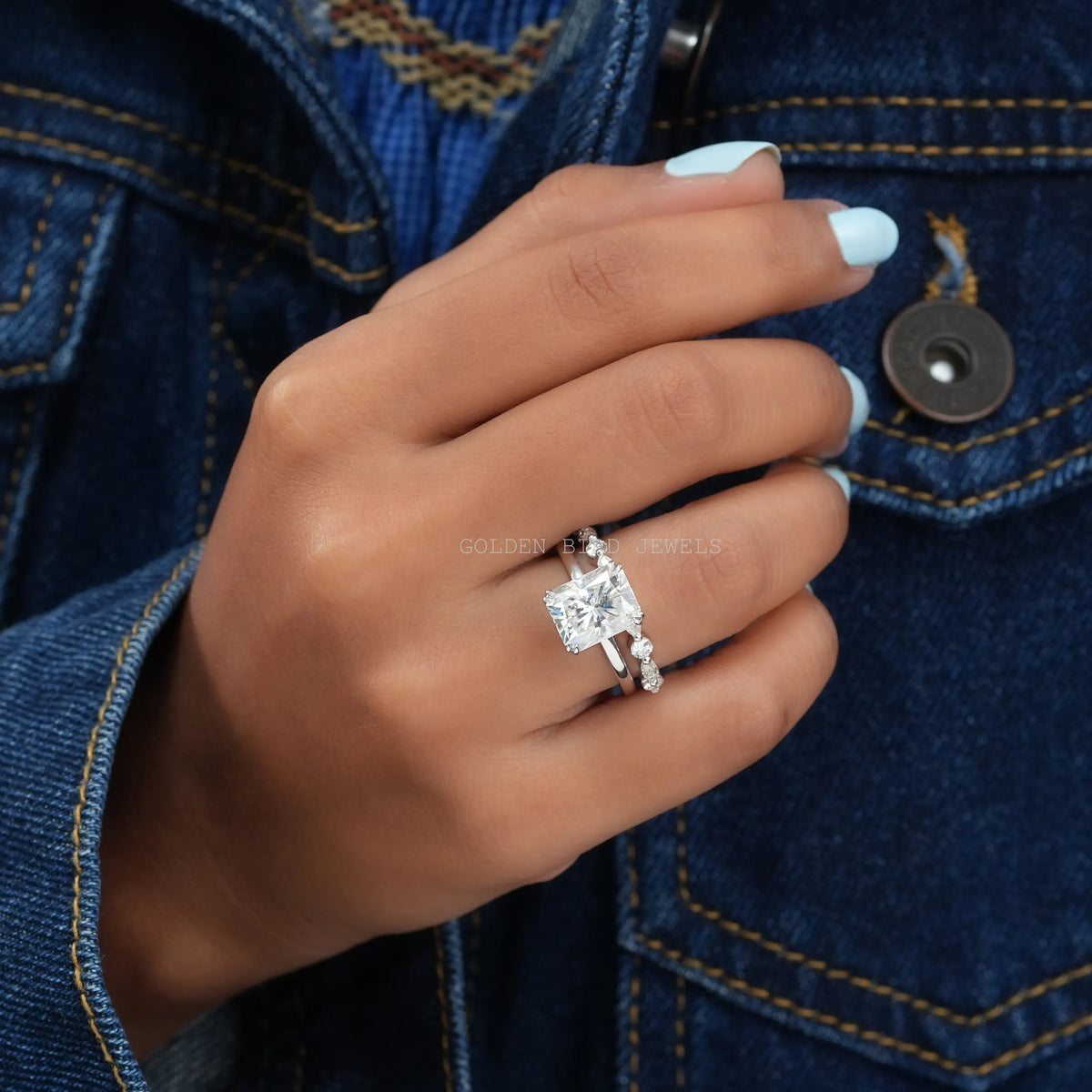 View of Radiant Cut Moissanite Half Eternity Matching Band In Finger