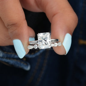 [Radiant cut moissanite ring made of marquise and round cut wedding band]-[Goldden Bird Jewels]