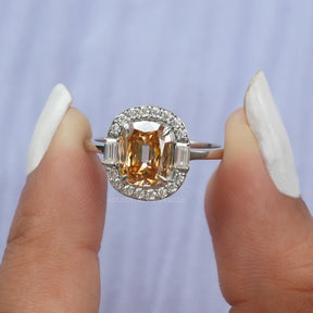 [This criss cut cushion halo moissanite ring made of baguette and round cut side stones]-[Golden Bird Jewels]
