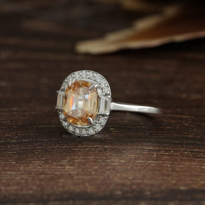 [Champagne criss cut cushion moissanite ring in halo setting]-[Golden Bird Jewels]