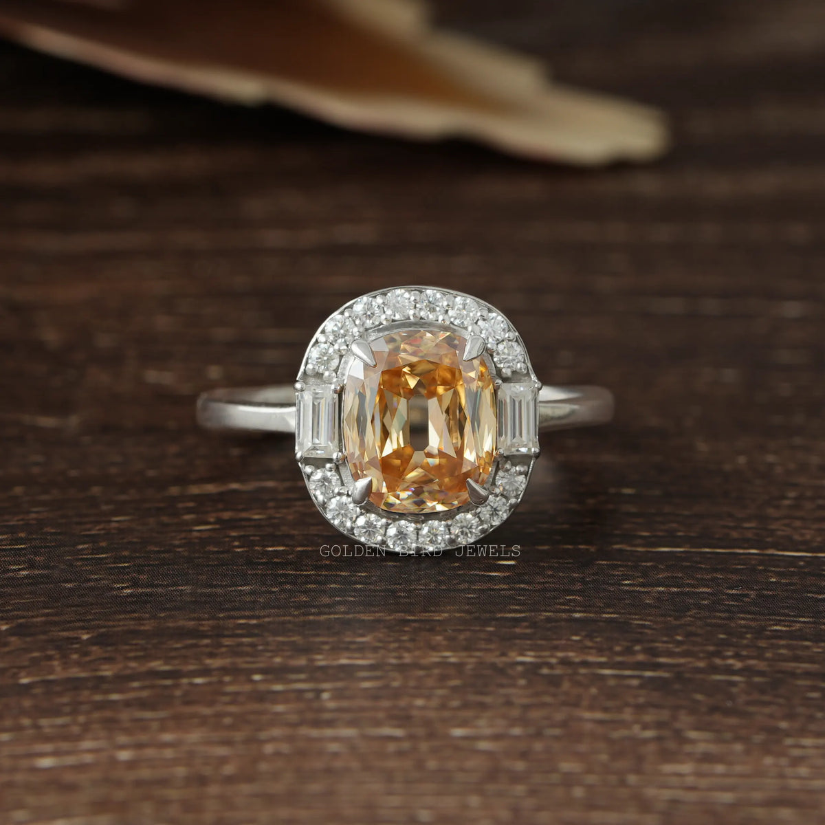 2.25 Carat Antique Yellow Criss Cut Cushion Shape Moissanite Baguette And Round Cut Moissanite Halo Engagement Ring Made With Solid White Gold