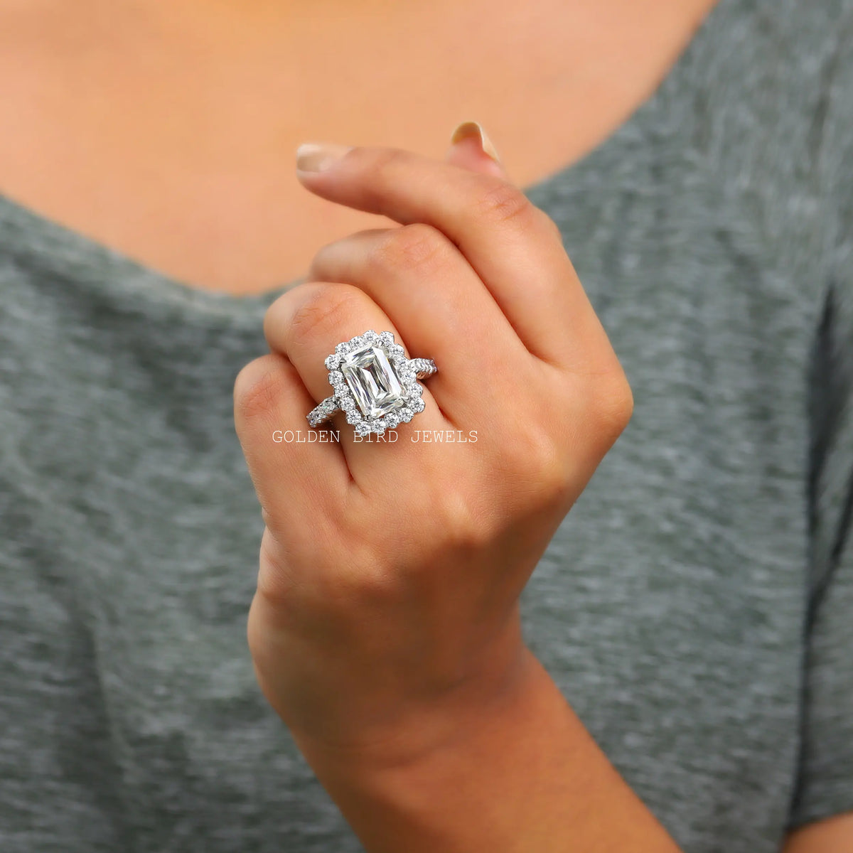 Criss Cut Moissanite Cluster Halo Engagement Ring In Finger