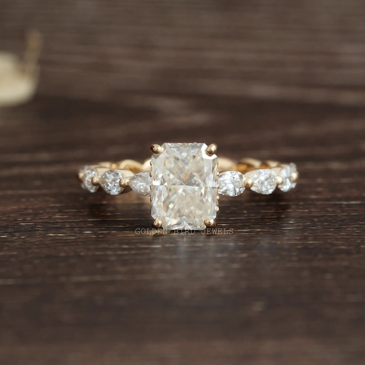 View of Crushed Ice Radiant Cut Hidden Halo Luxury Ring In Yellow Gold