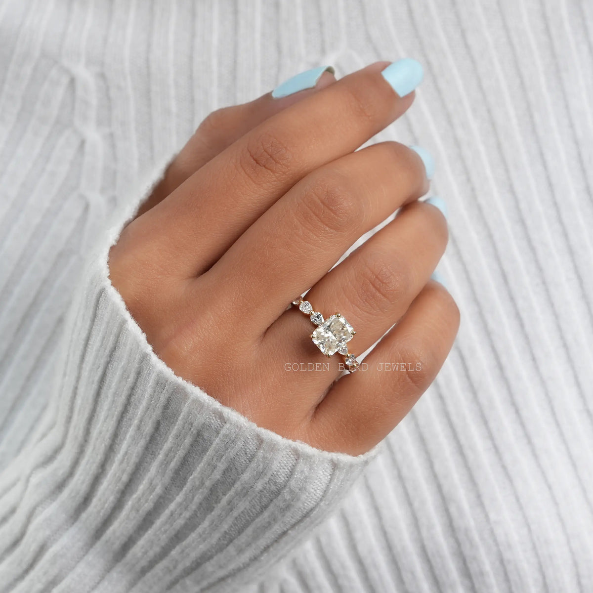 View of Moissanite Crushed Ice Radiant Cut Engagement Ring In Finger