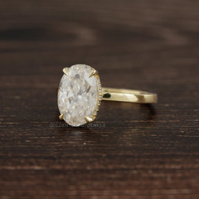 Crushed Ice Oval Solitaire Moissanite Hidden Halo Ring