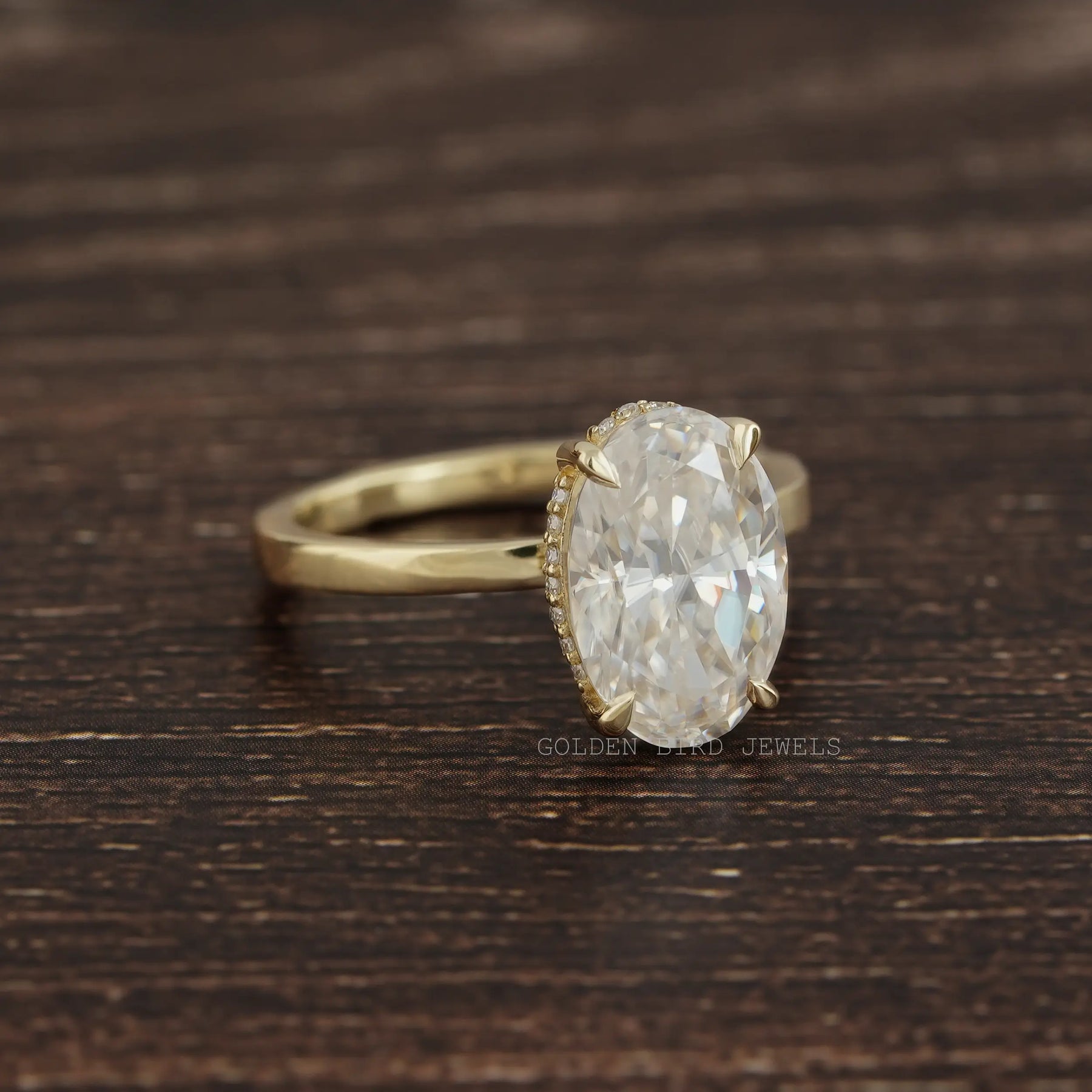 [Moissanite Crushed Ice Oval Hidden Halo Engagement Ring In 14k Yellow Gold]-[Golden Bird Jewels]