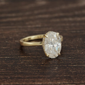 [Moissanite Crushed Ice Oval Hidden Halo Engagement Ring In 14k Yellow Gold]-[Golden Bird Jewels]