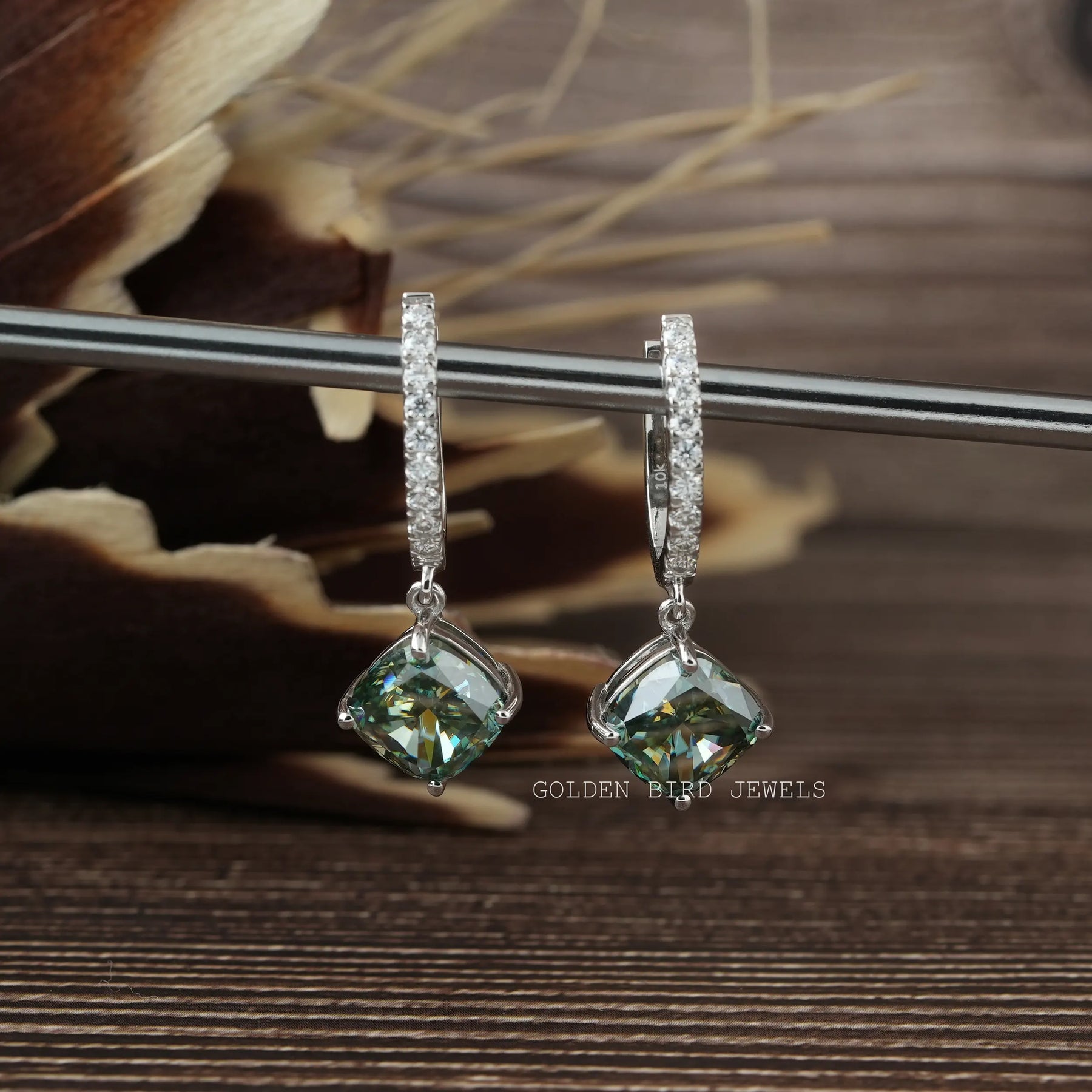 Cushion Cut Blue Green Moissanite Drop Dangle Earrings