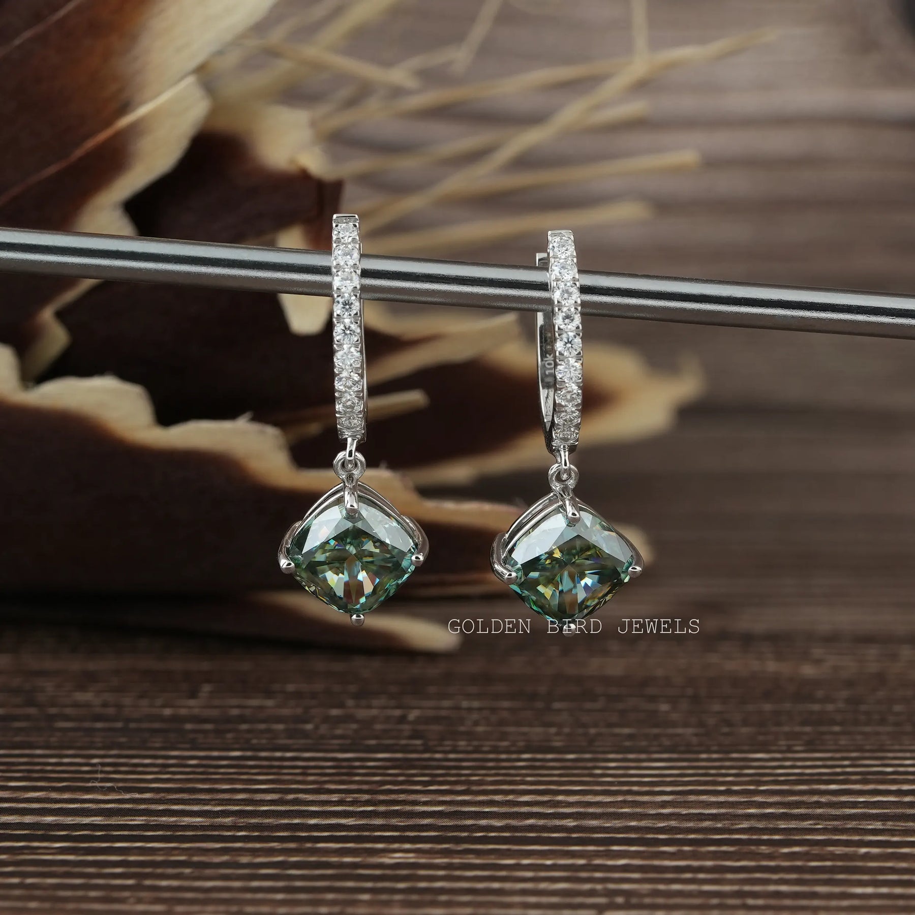 Cushion Cut Blue Green Moissanite Drop Dangle Earrings