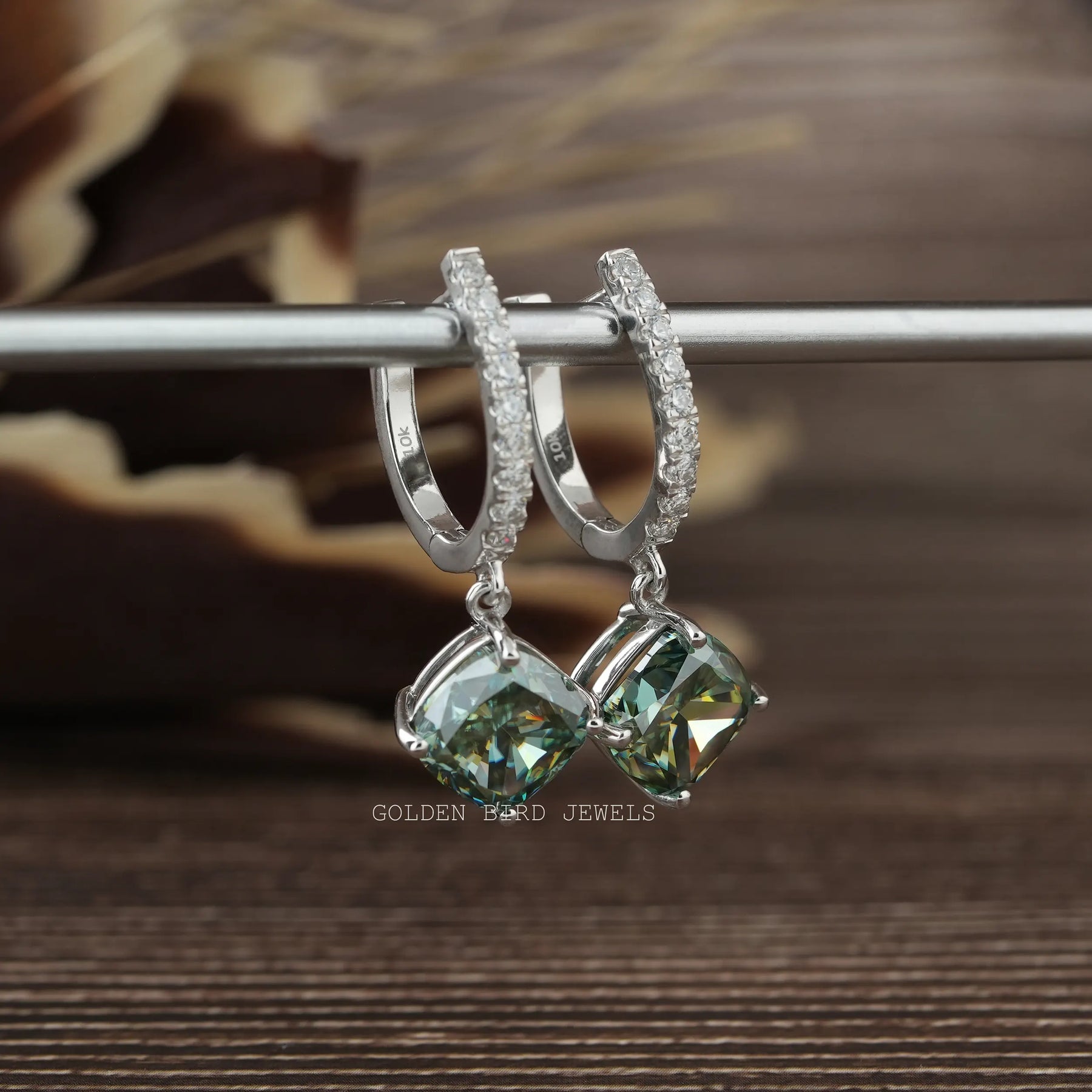 Cushion Cut Blue Green Moissanite Drop Dangle Earrings