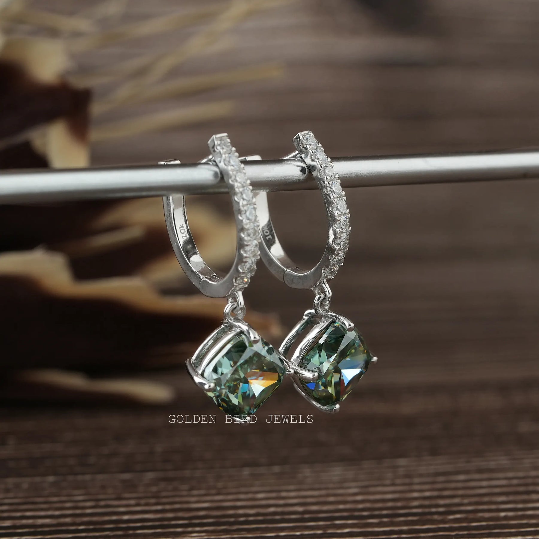 Cushion Cut Blue Green Moissanite Drop Dangle Earrings