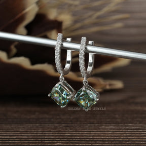 Cushion Cut Blue Green Moissanite Drop Dangle Earrings