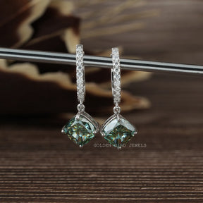 Cushion Cut Blue Green Moissanite Drop Dangle Earrings