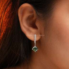 Cushion Cut Blue Green Moissanite Drop Dangle Earrings