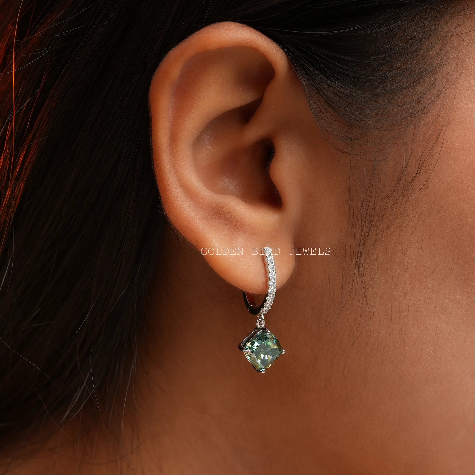 Cushion Cut Blue Green Moissanite Drop Dangle Earrings