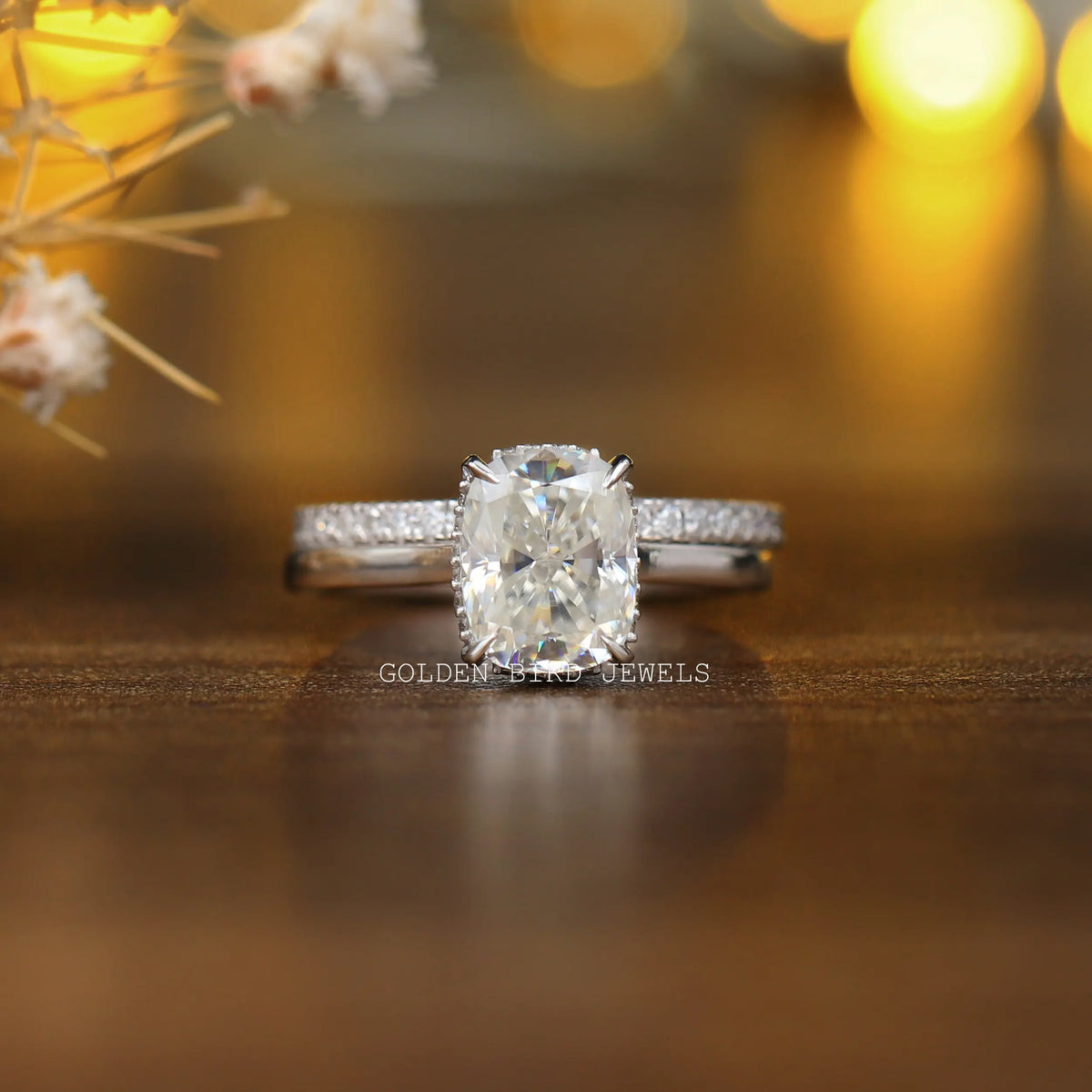 View of Cushion Cut Moissanite Bridal Wedding Ring In White Gold