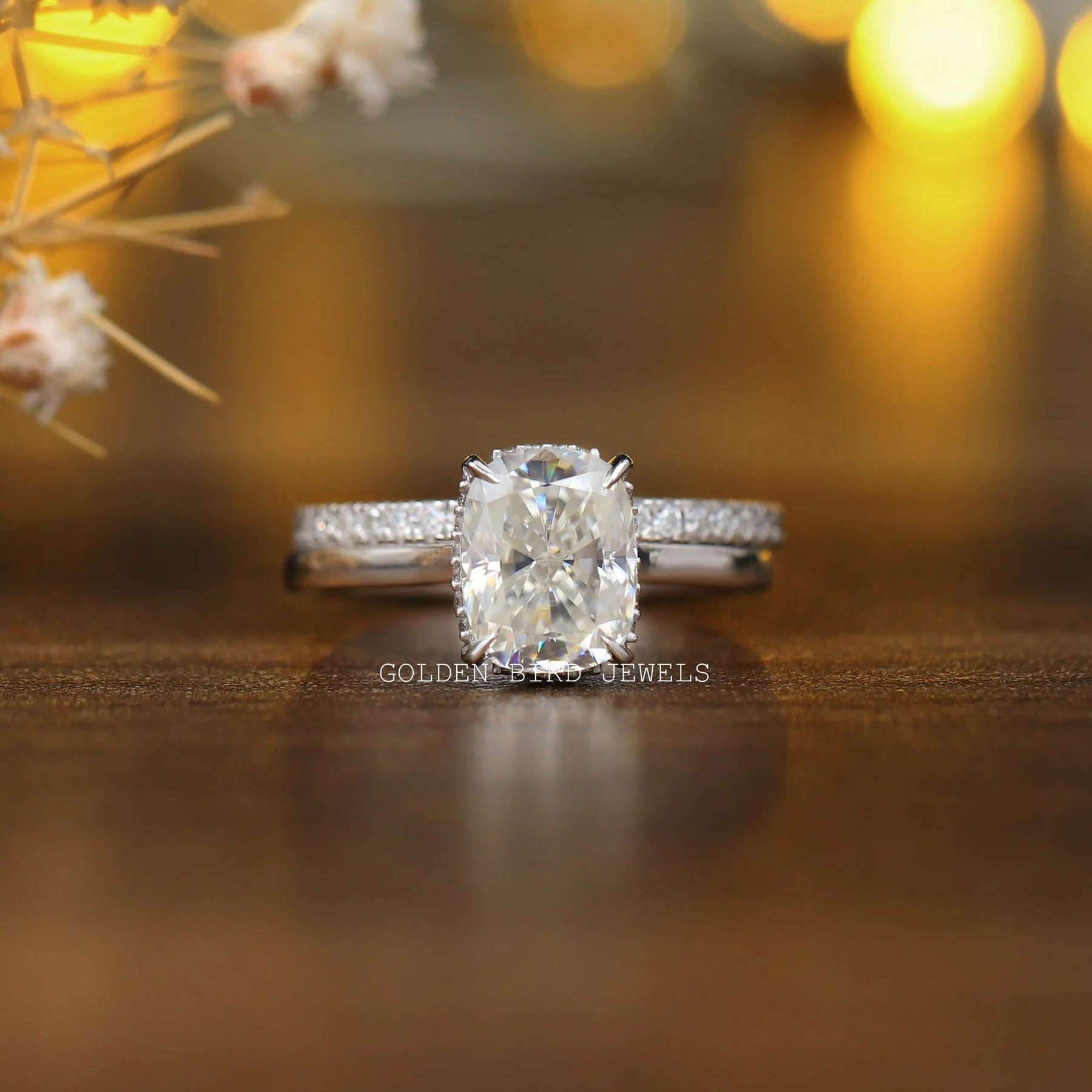 [2.40 Carat Elongated Cushion Cut Moissanite Bridal Wedding Ring Set]-[Golden Bird Jewels]